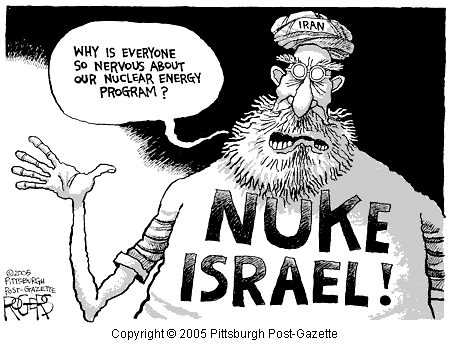 Cartoon of Iranian mullah wearing 'Nuke Israel' t-shirt
