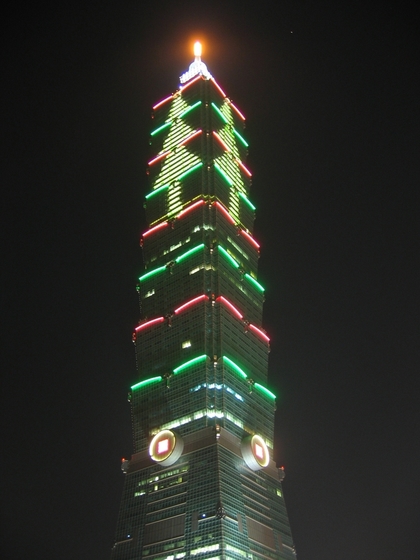 Taipei 101 lit with Christmas lights in Taiwan