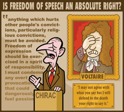 Modern Europeans give excuses why Mohammed cartoons should be banned, while Voltaire looks on in embarrassment