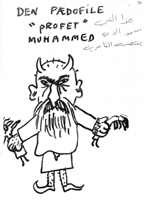 Fake Mohammed cartoon depicting horned Mohammed holding children in his hands. Captioned, Paedophile Profit Mohammed.