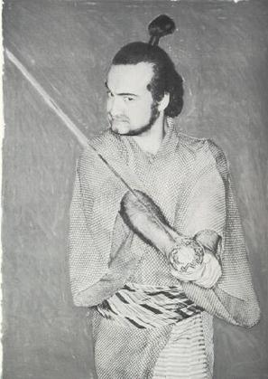 John Belushi dressed like a samurai, holding a katana