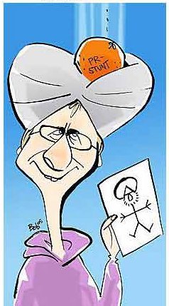 A cartoonist wearing a turban and holding a stick figure Mohammed as a P.R. stunt (from the Jyllands Posten newspaper)