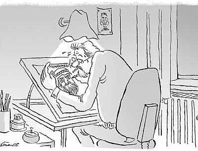 A cartoonist furtively draws a cartoon of Mohammed at his desk (from the Jyllands Posten newspaper)