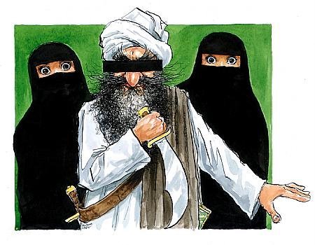 Mohammed with scimitar backed by two women in hijabs. Mohammed has a censor bar covering his eyes.  (From the Jyllands Posten newspaper)