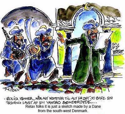 A sheik tells a couple Muslim assassins with scimitars not to bother the Mohammed cartoonists because they are so far away (from the Jyllands Posten newspaper)