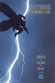 The Dark Knight Returns cover (Batman sihoueted against a dark sky and a bolt of lightning)