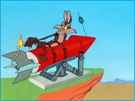 Wile E. Coyote lighting rocket he is strapped to