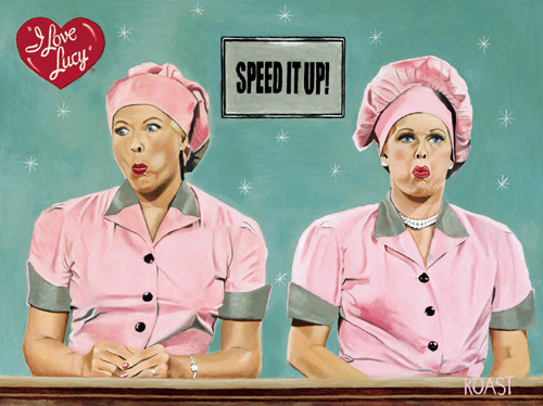 Lucy and Ethel unwillingly eating chocolates to keep the chocolate production line running in a factory. From the I Love Lucy tv show