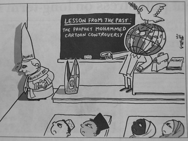 Taiwan News editorial cartoon depicting Pope Benedict in a dunce cap standing in the corner of a classroom while the UN, a dove of peace, and Muslim children look on disapprovingly