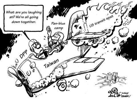 Two-seater aircraft labeled Taiwan is on fire and crashing, while the back seat KMT passenger is laughing. The DPP pilot tells him: Why are you laughing? We're all going down together! Taipei Times editorial regarding KMT reaction to Bush administration transit snub to Taiwanese president Chen Shui-bian.