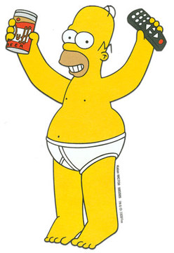 Smiling Homer Simpson in underpants raising a beer in one hand and a tv remote in the other.