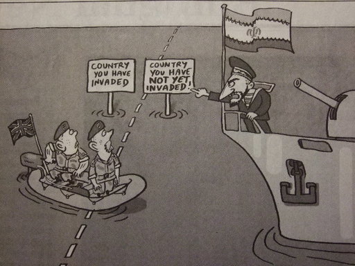 The Taiwan News editorial cartoon portraying the Iranian navy as being justifiably angry with a British boat which has crossed into Iranian waters. (With two signs in the water reading: Countries you have invaded, Countries you have not invaded).
