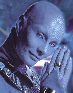Close-up of blue skinned Pa'u Zotoh Zhaan from Farscape