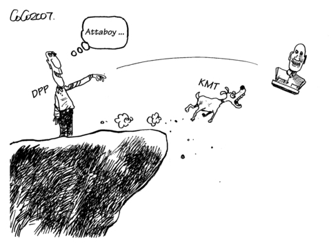 Man (labeled DPP) throws a Chiang Kai-shek bust off the edge of a cliff,, which a dog (labeled KMT) follows. The man says, Atta boy! Taipei Times editorial cartoon.