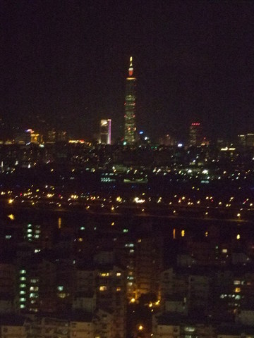 Taipei, Taiwan at night with Taipei 101 in the background. Taken from the Miramar Village Ferris wheel.