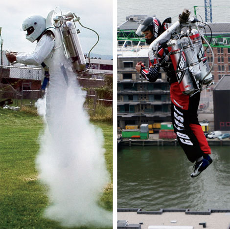Two photos of men flying close to the ground with jetpacks.