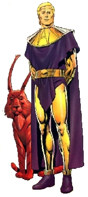 Ozymandias from Alan Moore's Watchmen. He wears a gold collar and leggings along with purple tunic and shoes. Behind him sits his genetically-engineered cat Bubastis, which is larger than a tiger, is orange with black stripes, and has freakishly long and narrow ears.