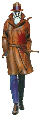Rorschach from Alan Moore's Watchmen. He wears a Rorschach ink blot mask, an ascot tie, a brown fedora, and a matching raincoat with a large blood stain.