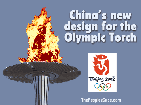 China's new design for its Olympic Torch (image shows a sitting Buddhist monk immolated at the top of the torch).