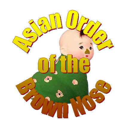 An illustration of an Asian baby wearing green clothes with pink flowers on them poses for the prestigious award: the Asian Order Of The Brown Nose.