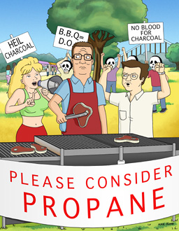 Hank Hill barbecuing with a Please Consider Propane banner. He is surrounded by protesters: one of whom has a Heil Charcoal sign, while another has a placard reading, No Blood For Charcoal.