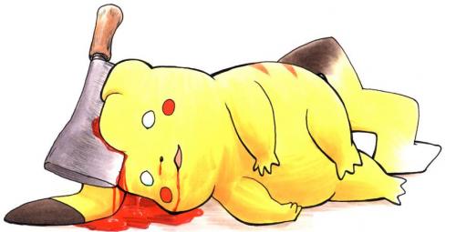 Dead pikachu lying on floor with a cleaver in its head and blood emerging from the wound.