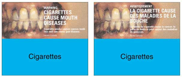 Canadian cigarette pack warnings, showing teeth rotted out at the roots.