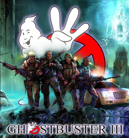 A hypothetical poster for a Ghostbusters III movie. The four main characters are in the foreground, while a winking no-ghost cartoon holds up three fingers. Their Ectomobile is behind them, as is a New York skyscraper which glows with eldrich energy.