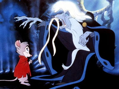 Mrs. Brisby and Nicodemus from The Secret Of NIHM. Mrs. Brisby is a meek-looking mouse in a red cloak, while Nicodemus is a wizened, scary-looking old rat with long white hair and mustache.