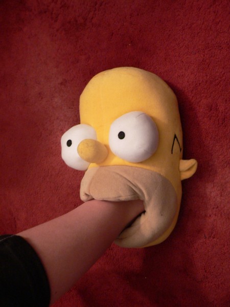 A slipper that looks like Homer Simpson's head. The wearer's foot goes in Homer's mouth.