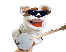 Sockpuppet dog with sunglasses and banjo