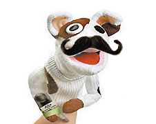 Sockpuppet dog wearing a curly mustache