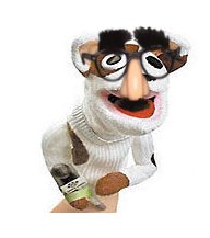 Sockpuppet dog wearing Groucho glasses, nose, and eyebrows