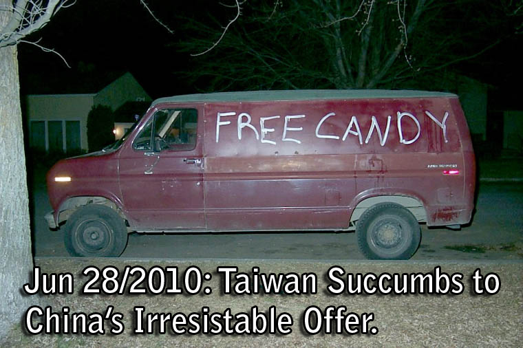 Creepy-looking van with Free Candy written on the side. Caption reads: Jun 28/2010 - Taiwan Succumbs to China's Irresistible Offer