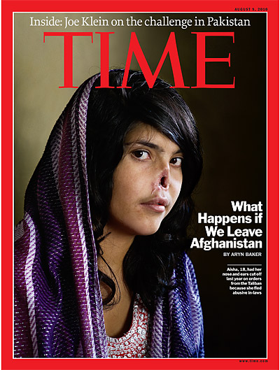 Time Magazine with cover showing Afghan girl with nose cut off