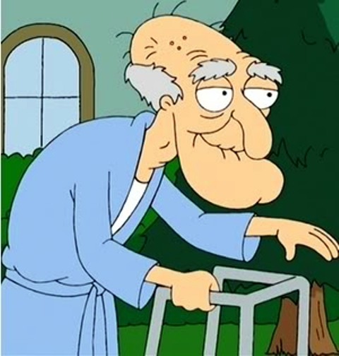 Herbert the Pervert from Family Guy. He is very old, uses a walker, and wears a powder-blue bathrobe.