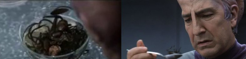 An image of large ticks in a bowl of water next to a picture of Doctor Lazarus looking at one in his spoon with disgust. From Galaxy Quest.