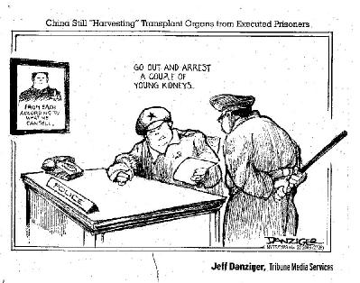 Editorial cartoon: A Chinese Communist police chief tells a subordinate to Go Out And Arrest A Couple Of Young Kidneys.
