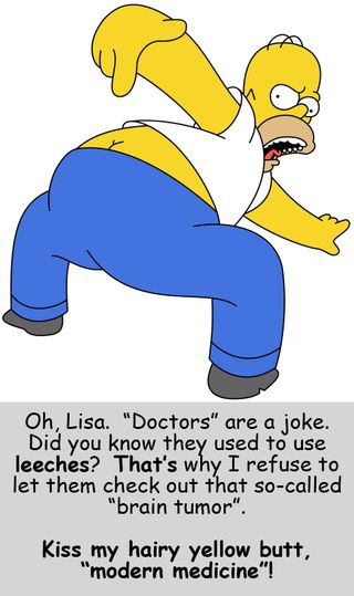 Homer Simpson ridiculing doctors for once using leeches. Caption: Oh, Lisa. 'Doctors' are a joke. Did you know they used to use leeches. That's why I refuse to let them check out that so-called 'brain tumor'. Kiss my hairy yellow butt, 'modern medicine'!