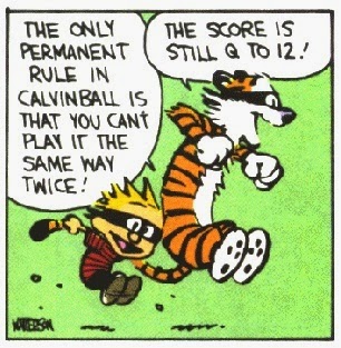 Calvin and his toy tiger Hobbes play Calvinball while running and wearing masks.