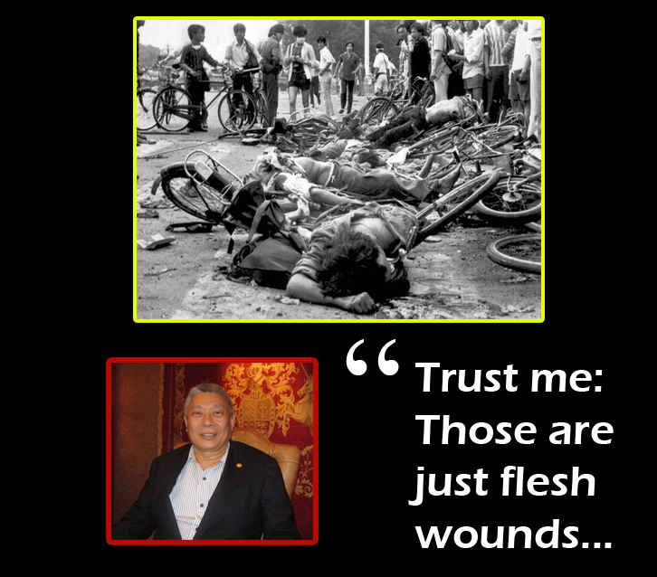 Tsai Eng-meng: Tiananmen Square denialist. Top photo of Chinese corpses at Tiananmen Square Massacre. Bottom caption for Tsai Eng-meng: Trust Me, Those Are Just Flesh Wounds...