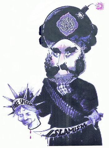 Mohammed cartoon: The 'prophet' Mohammed with a bomb in his turban, a scimitar in one hand, and a decapitated head in the other (labeled, 'Free Speech')