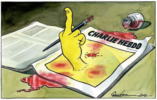 A middle finger emerges from the blood-soaked pages of the Charlie Hebdo magazine.