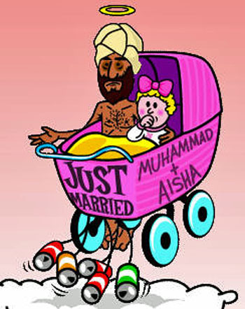 Mohammed cartoon: Mohammed in baby carriage with a pacifier-sucking Aisha. A sign on the carriage reads, 'Just Married'