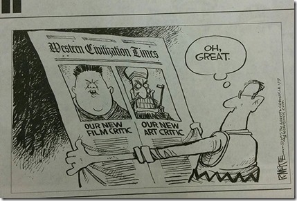 Mohammed cartoon: man holding a newspaper (the 'WESTERN CIVILIZATION TIMES') with a picture of Kim Jung-un ('OUR NEW FILM CRITIC') and a picture of a crazed, machine gun-toting Muslim ('OUR NEW ART CRITIC')