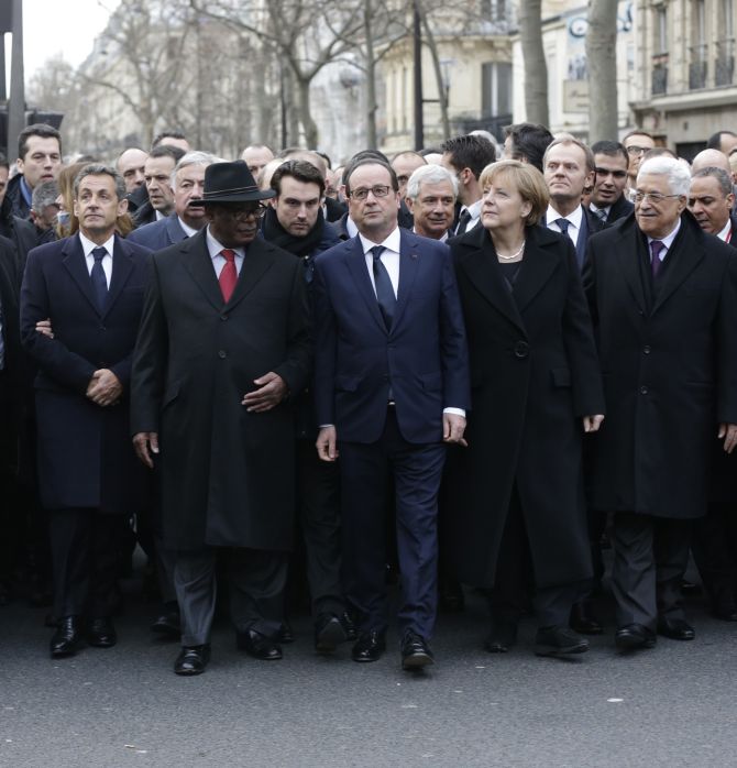 Paris march to honor free speech martyrs of the Charlie Hebdo massacre. From left to right: Nicolas Sarkozy, Malian President Ibrahim Keita, French President Francois Hollande, German Chancellor Angela Merkel and Palestinian President Mahmoud Abbas.