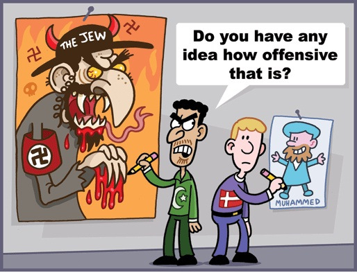 Mohammed Cartoon: Muslim draws a cartoon of a Jew with devil horns, hook nose, forked tongue and blood dripping from his mouth turns to man drawing an innocuous stick-figure of Mohammed, and says, Do you have any idea how offensive that is?
