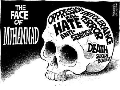 Mohammed cartoon: The face of Mohammed (Illustration of a skull labeled, 'Oppression', 'Kill', 'Hate', 'Anti-Semitism', 'Intolerance', 'Terror', 'Death', 'Suicide bombers')