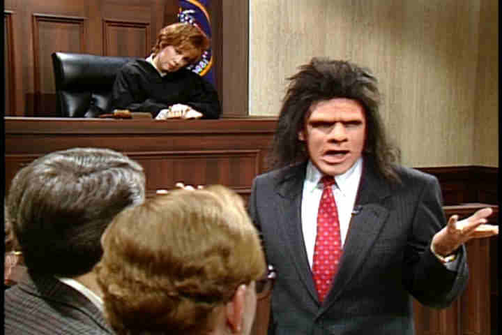 Saturday Night Live: Phil Hartman before a jury wearing a fine suit and hideous makeup, playing Unfrozen Caveman Lawyer