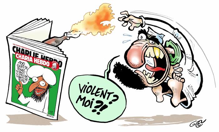 Mohammed cartoon: Muslim throwing Molotov cocktail at Charlie Hebdo magazine while screaming, 'Violent? Moi?!'